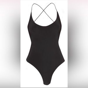 NWT PrettyLittleThing Black Slinky Spaghetti Strap Backless Bodysuit UK 12/US 8